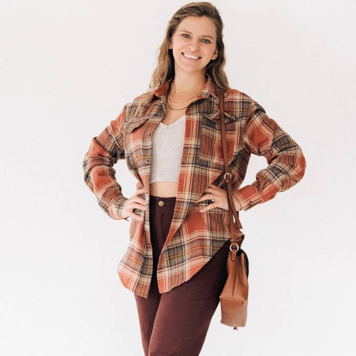 HAHA MAMA Clothing - Vendita all'ingrosso Camicia button down - Unisex - Flanella leggera color ruggine a quadri per adulti2