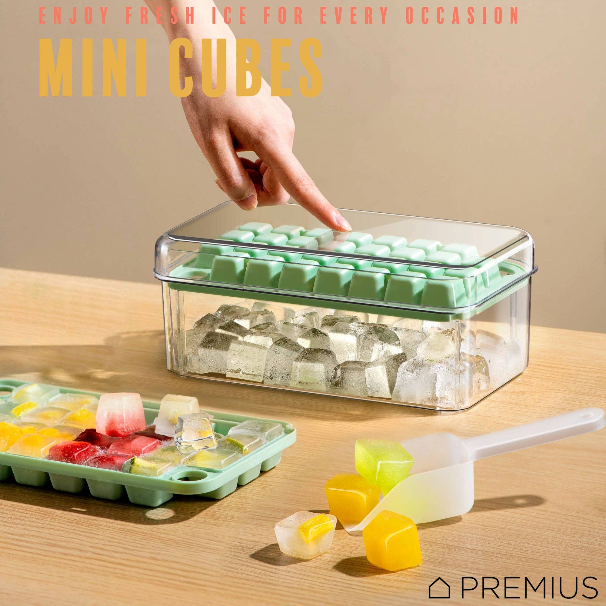 ShopBobbys - Wholesale Ice Tray/Mold - PREMIUS 2 Tray Ice Cube Tray with Container and Scoop, Green-Clear2