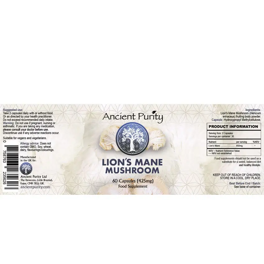 Ancient Purity – wholesale Oral supplement/vitamin – Lion's Mane Mushroom 60 x 425mg Capsules | Organic UK Grown6