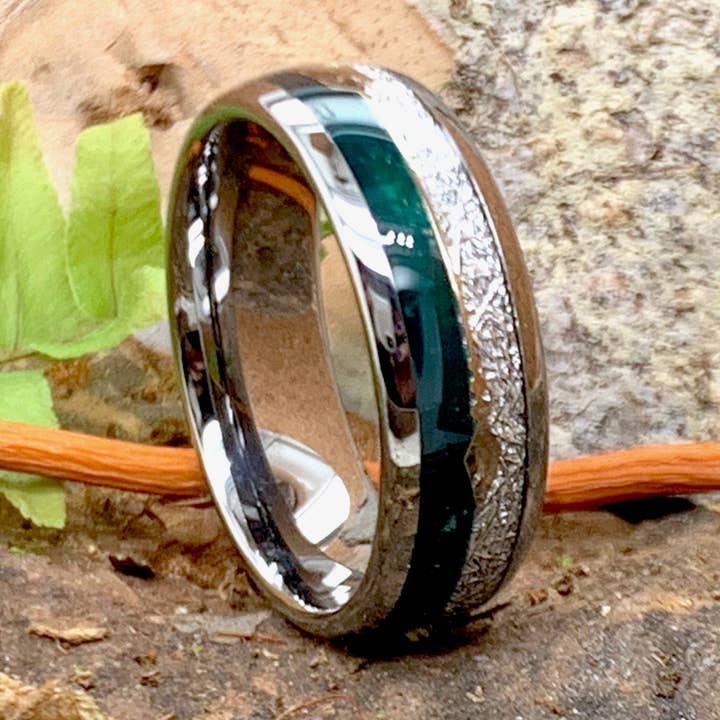 Tungsten Green Agate Meteorite Inlay Unisex Wedding Band for wholesale by rings paradise