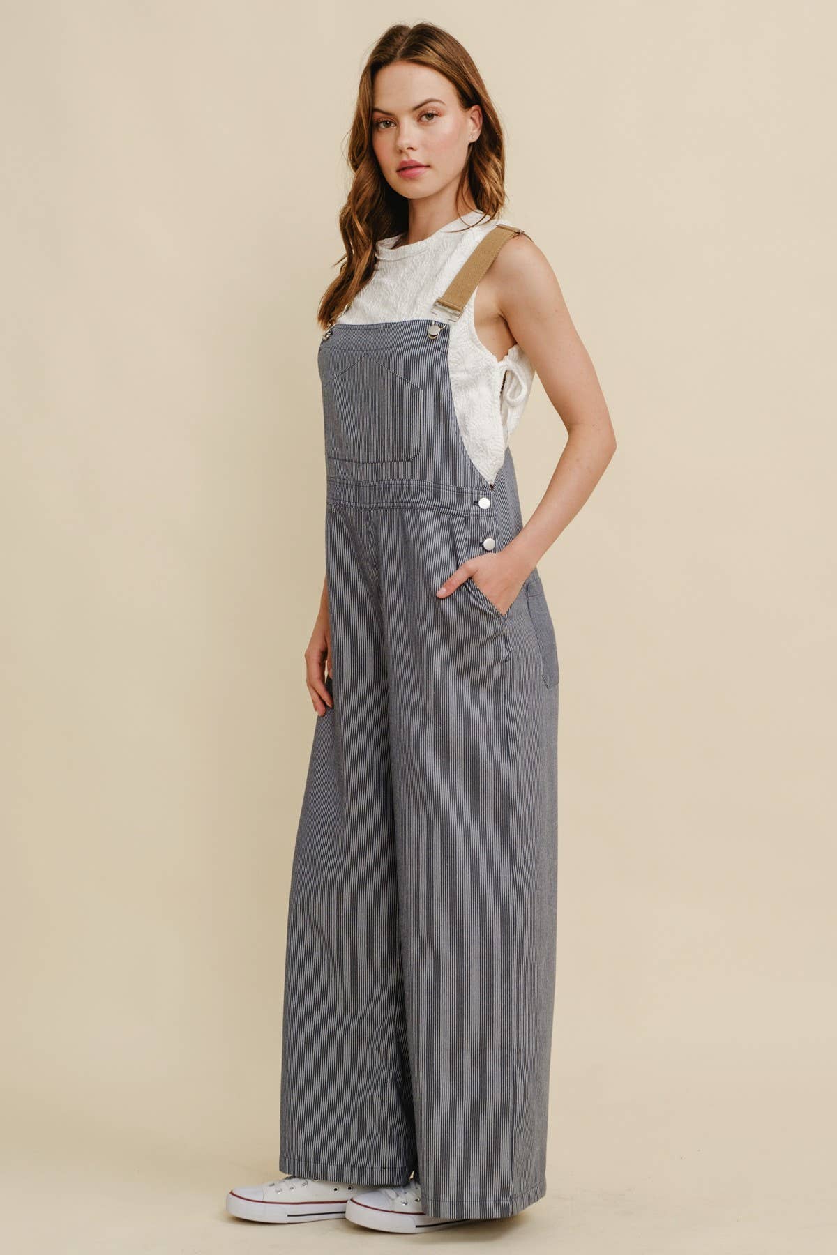 Navy CR19032A - STRIPED CONTRAST STRAP COLOR OVERALL JUMPSUIT for wholesale on Faire1
