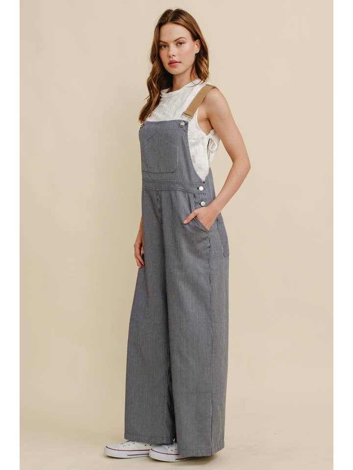 Navy CR19032A - STRIPED CONTRAST STRAP COLOR OVERALL JUMPSUIT for wholesale on Faire1