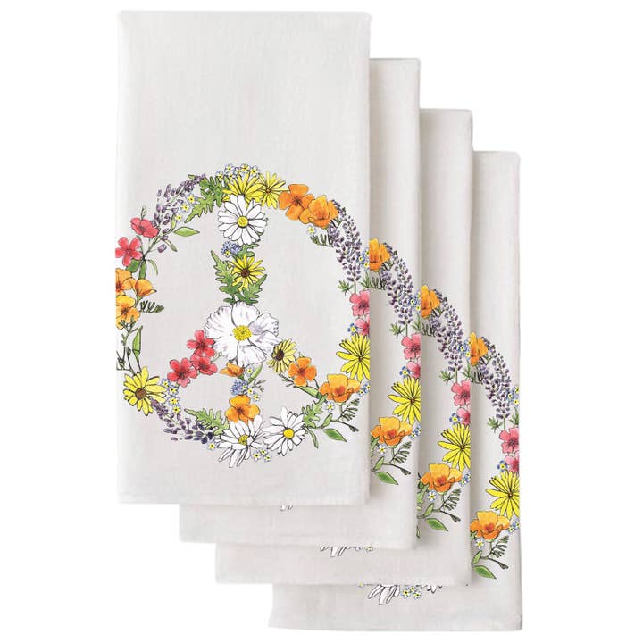 Floral Peace Sign Flour Sack Tea Towel 22x36" for wholesale by SF Mercantile