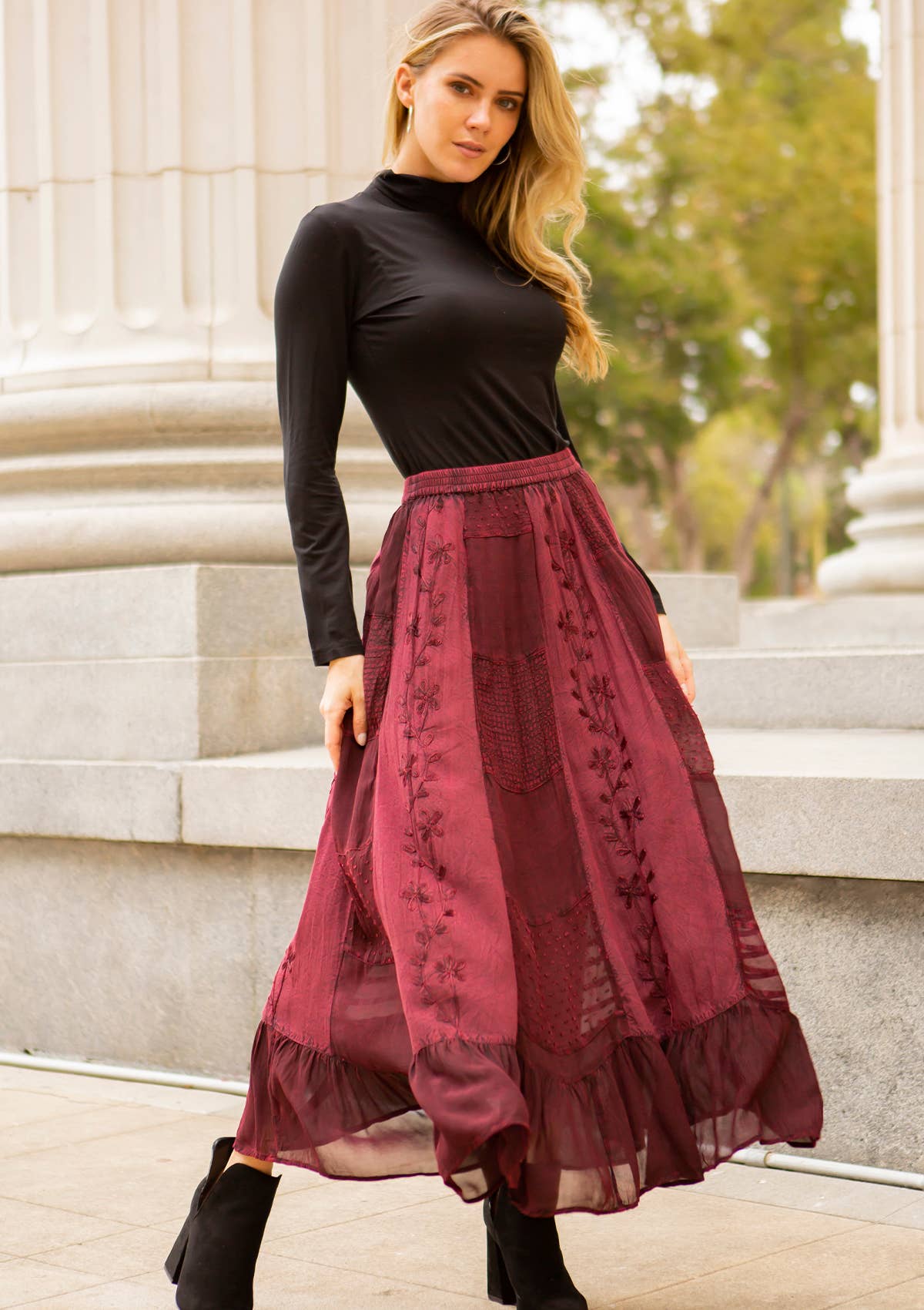 Young Threads - Wholesale Skirt - Women's - Women Patchwork Embroidered Maxi Skirt With Side Pockets4