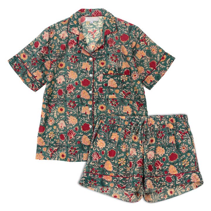ABRACOLORS - Wholesale Sleepwear Set - Women's - Green floral short pajamas