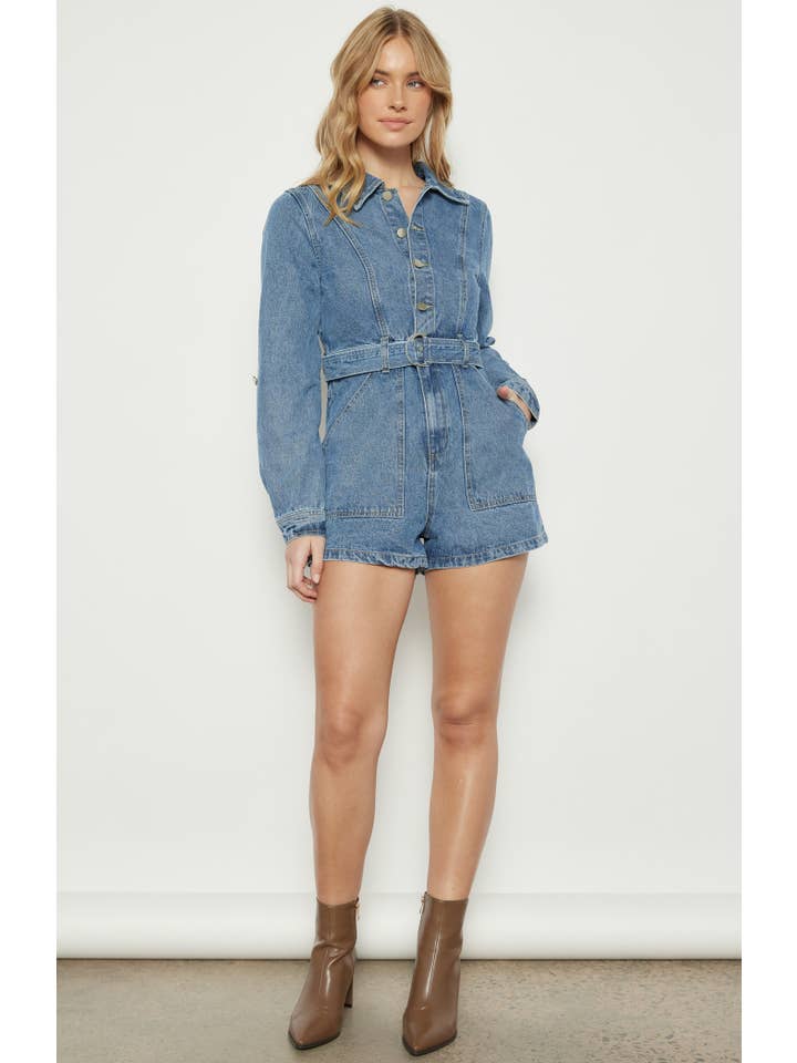 Style State Wholesale - Wholesale Romper - Women's - Button Up Denim Playsuit with D-Ring Belt Detail