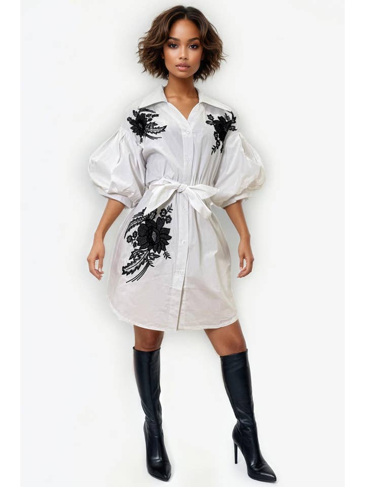 N by Nancy - Wholesale Dress - Women's - T1315-BUTTON-DOWN COTTON MINI DRESS (WHT, BLK)