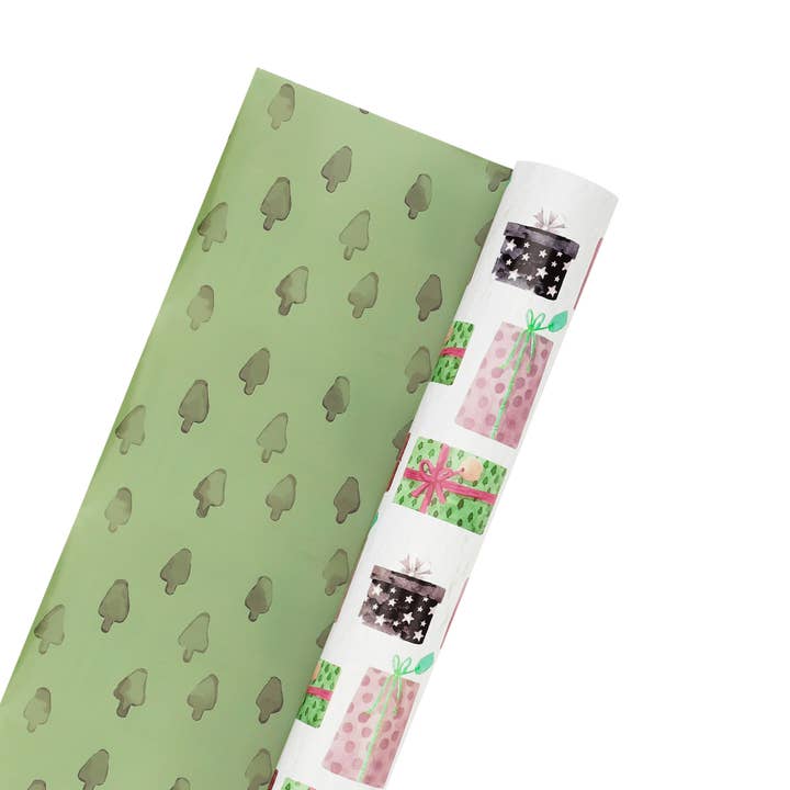 LA Ribbons Wholesale - Wholesale Wrapping Paper Roll - 30" x 10' Holiday Reversible Wrapping Paper | Watercolor Presents/Green Watercolor Trees
2
