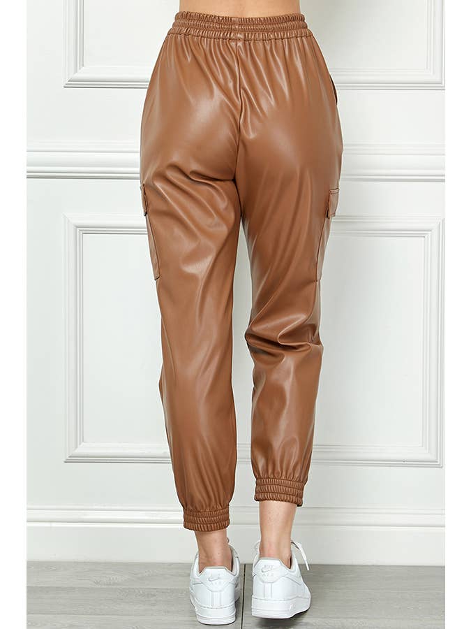 Veracci - Wholesale Pants - Women's - High Waisted Faux Leather Cargo Jogger Pants4