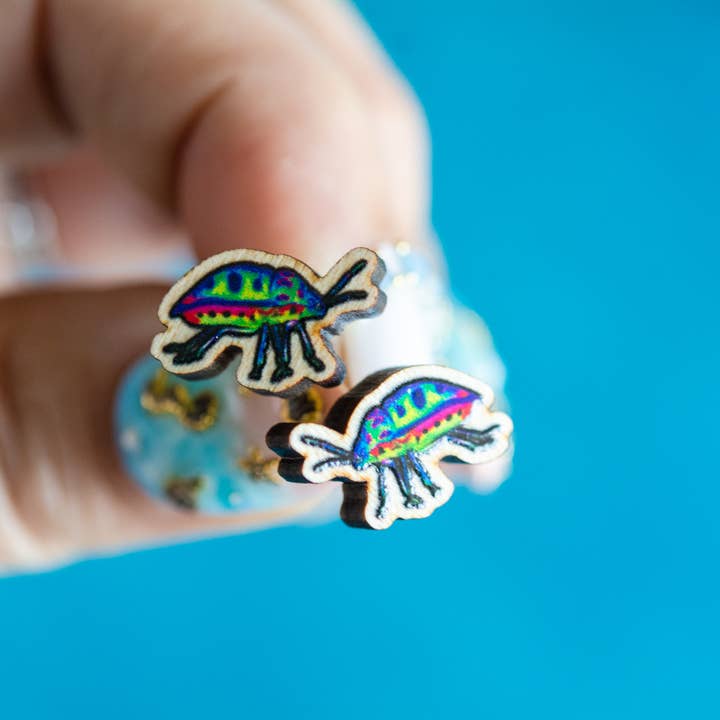 The Slug And Kraken - Wholesale Stud/Post Earrings - Jewel bug Wooden insect Earrings, Titanium Eco Studs