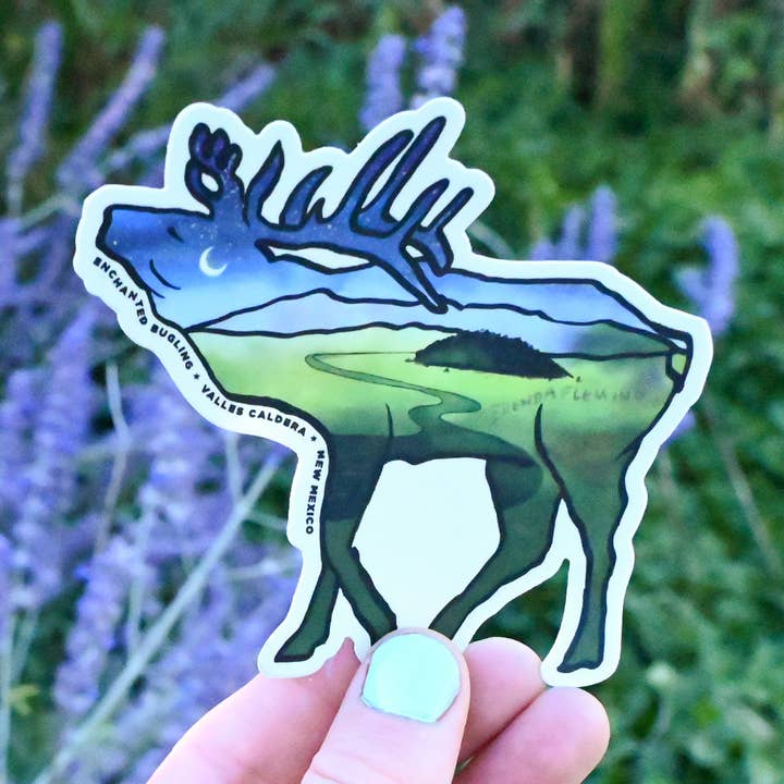 Adesivo alce con paesaggio del sud-ovest (Valles Caldera) per la vendita all'ingrosso da parte di Brenda Fleming Art