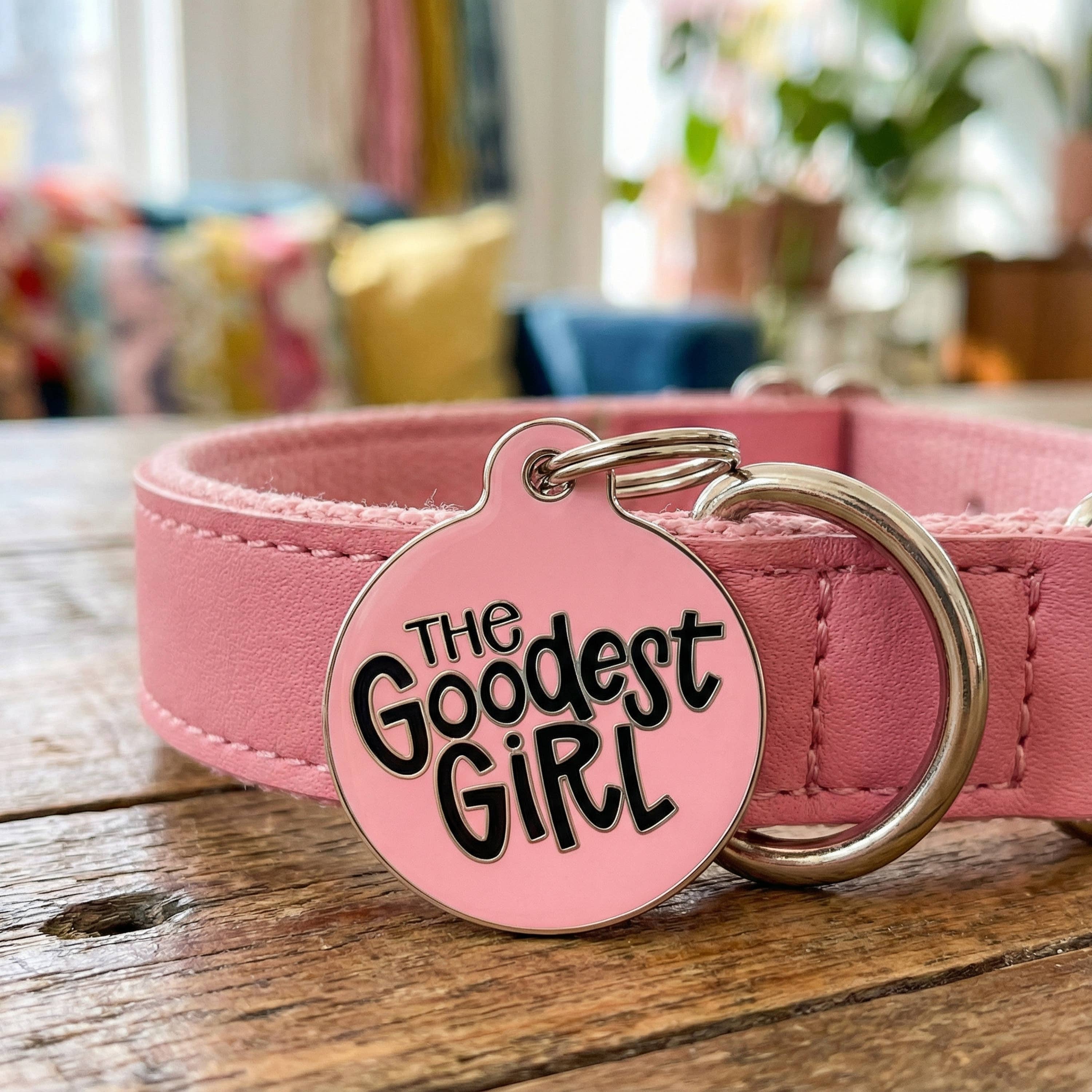 Bad Tags - Wholesale Pet Identification Tag - Cat/Dog - Pink Enamel Dog Tag w/Scannable Pet ID - The Goodest Girl 1