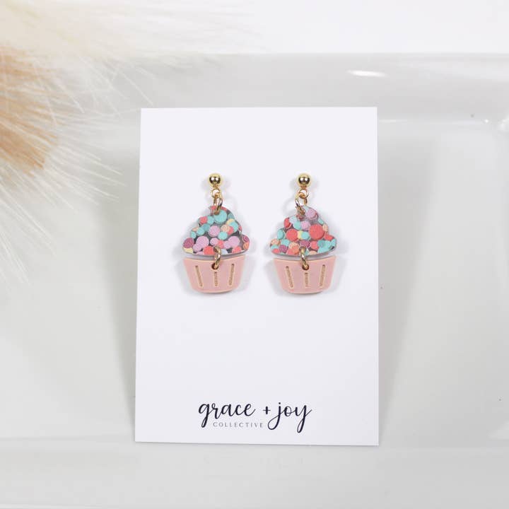 Pink Cupcake Earrings, Acrylic Earrings for wholesale by Grace + Joy Collective