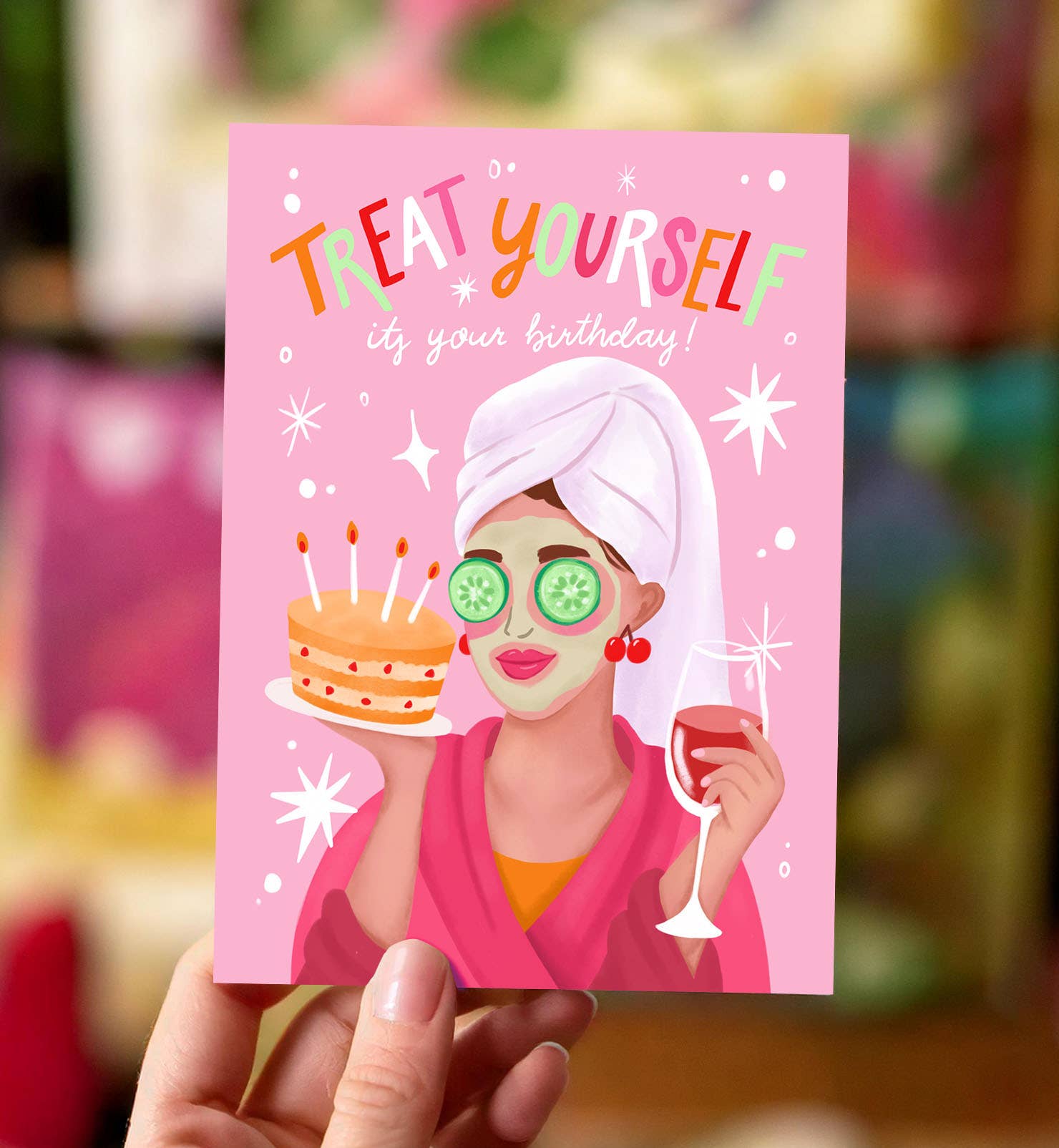 Aniet Illustration - Wholesale Birthday Card - Woman's birthday card with cake and wine pamper yourself pink1