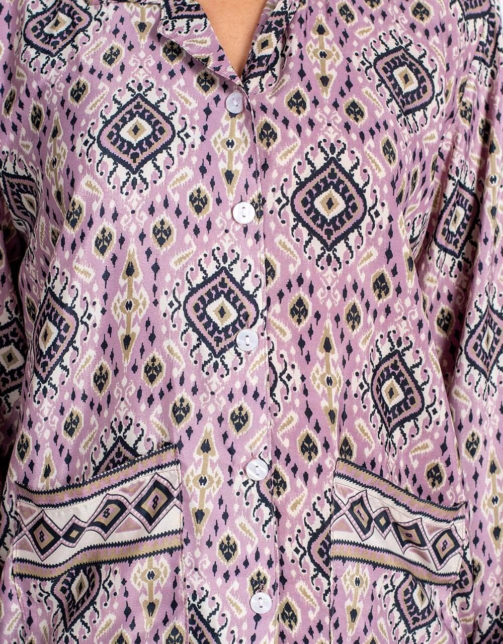 Kimago Look – Conjunto de pijama - Mulher por atacado – Pijamas femininos de seda em duas peças com estampa lilás3