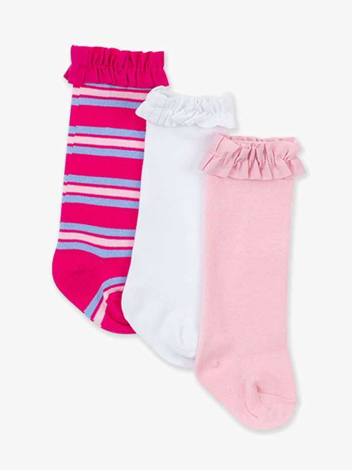 Confezione da 3 calzini alti al ginocchio con volant, a righe Very Berry & Periwinkle, rosa e bianchi per ragazze. per la vendita all'ingrosso da parte di RuffleButts + RuggedButts