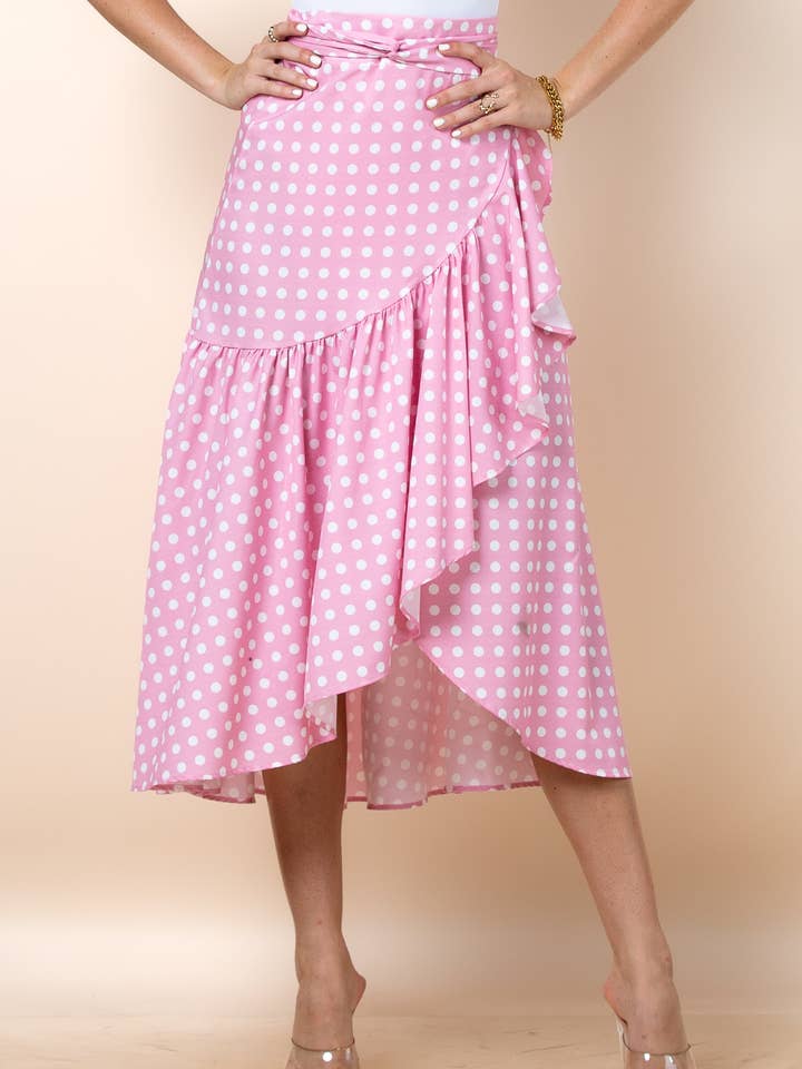 S1050-6256-Jodie Small Polka Dot Print Wrap Skirt for wholesale by Nylon Apparel