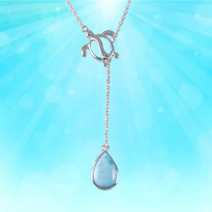 Hawaiian Genuine Larimar Sea Turtle Rain Drop Necklace, Sterling Silver Larimar Sea Turtle Pendant, Christmas Birthday Gift for wholesale by Paradise Treasures Jewelry