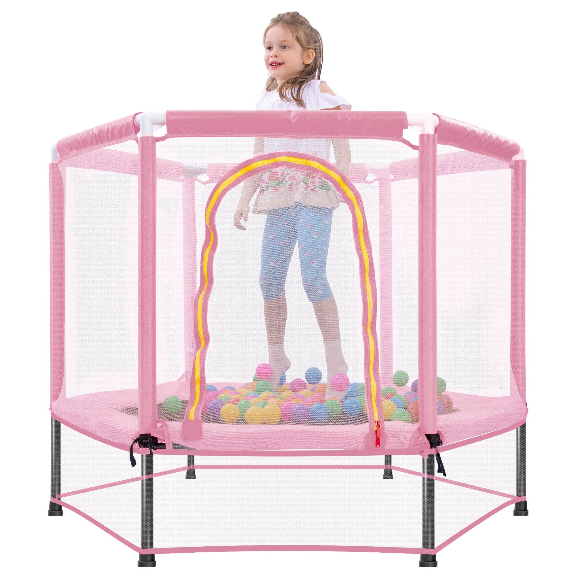Orange County Decor - Wholesale Sporting Game - Kids & Baby - 55'' Toddlers Trampoline With Safety Enclosure Net And Balls, Indoor Outdoor Mini Trampoline For Kids Pink Metal4