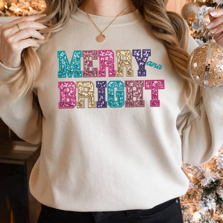Merry and Bright Weihnachts-Sweatshirt mit Kunstglitzer/Pailletten für Damen für den Großhandel von Pecan Creek Designs