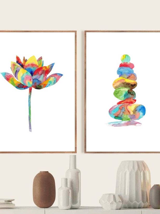 Set di 2 fiori di loto e rocce impilate con stampa ad acquerello per la vendita all'ingrosso da parte di Goodfairyart