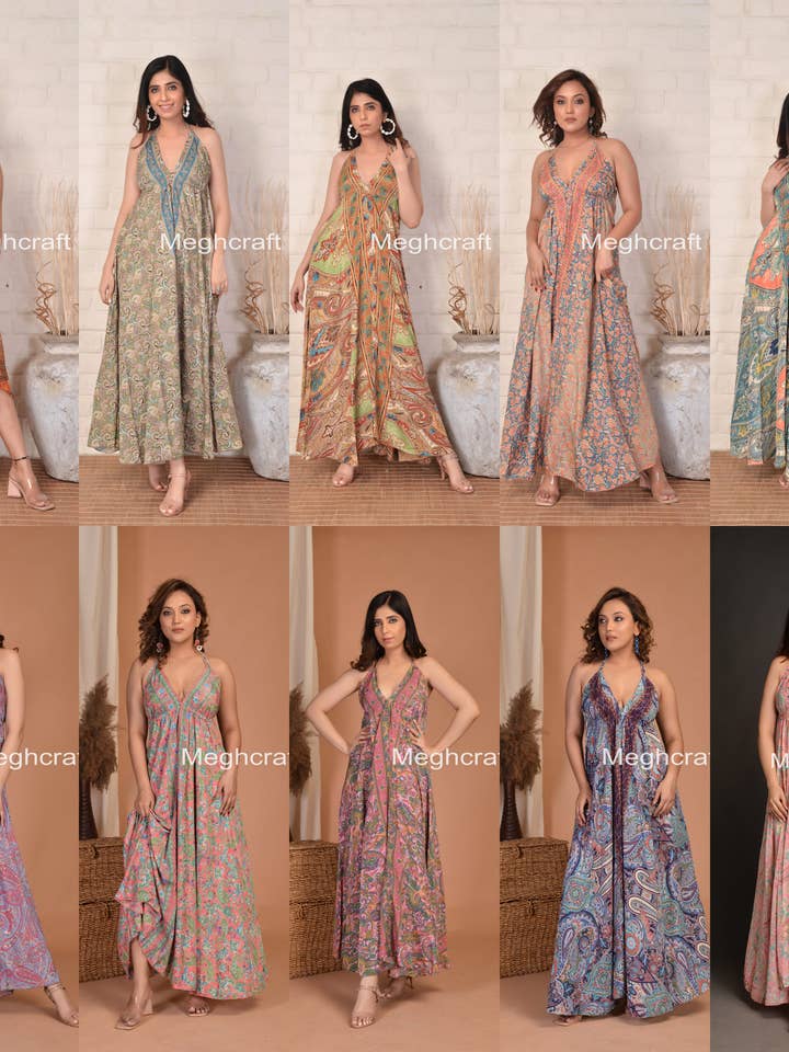 Vestido largo de seda al por mayor | Vestido halter para mujer | Vestido de sol para venta al por mayor de Meghcraft