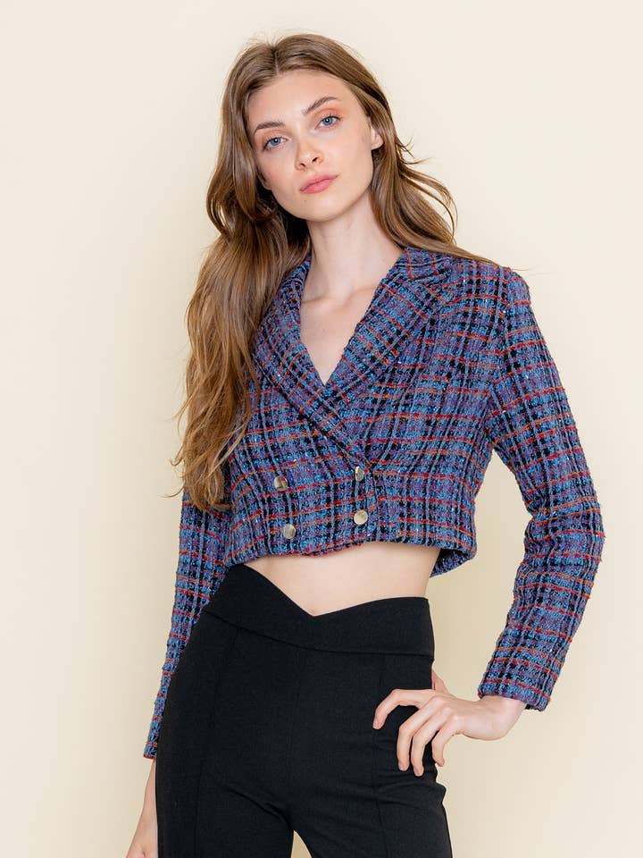 LILA MULTI TRENDIGER ZWEIREIHIGER KARIERTER TWEED-BLAZER - OI5813FO für den Großhandel auf Faire0