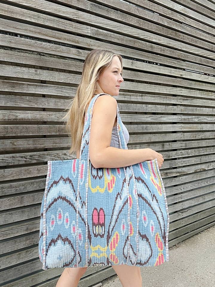 Quilted Velvet Cotton Reversible Oversize Tote Bag Beach Weekender Eco friendly Sustainable Sturdy Grocery Shop Boho Summer Grey Ikat for wholesale by Essential Designs London