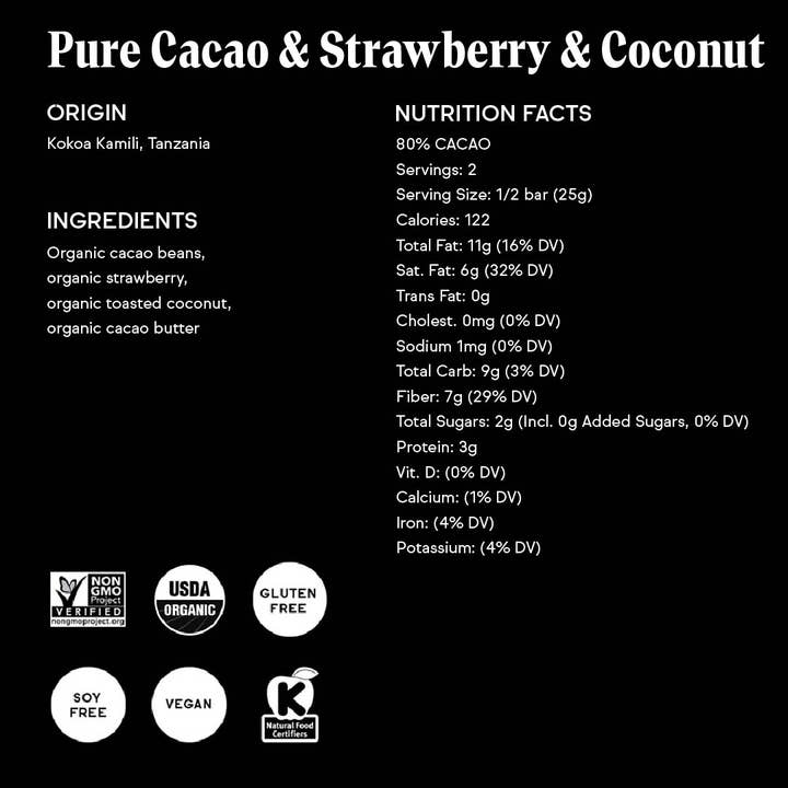 Raaka Chocolate - Wholesale Chocolate Bar - 80% Pure Cacao & Strawberry & Coconut (No added sugar)