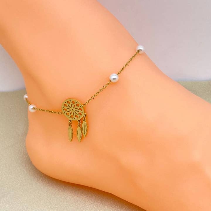 Tree of Life & Leaf charm18K Gold Plated Steel Anklet - FGS for wholesale by Mio Queena