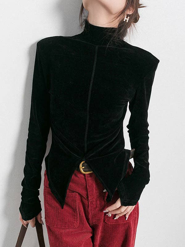 Sheer Trend - Venta al por mayor Blusa - Mujer - Camisetas de cuello alto y bajo de terciopelo de color liso con abertura en la parte delantera2