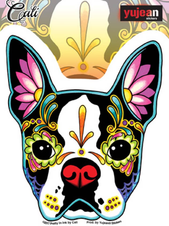Cali Boston Terrier Day Of The Dead Sticker 5" for wholesale by Sunshine Joy