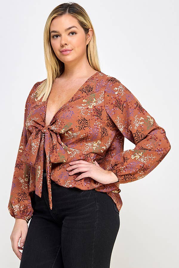 Haute Fox Plus Size & Contemporary - Wholesale Blouse - Dames - Top met strik aan de voorkant en bloemenprint in grote maten JK18498-T5