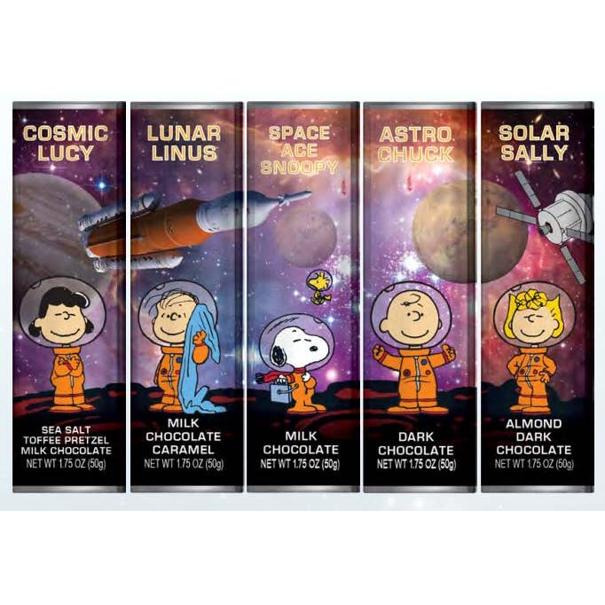 Snoopy Peanuts Gang space theme chocolates 5-bar gift pack for wholesale by Astor Chocolate Corp.