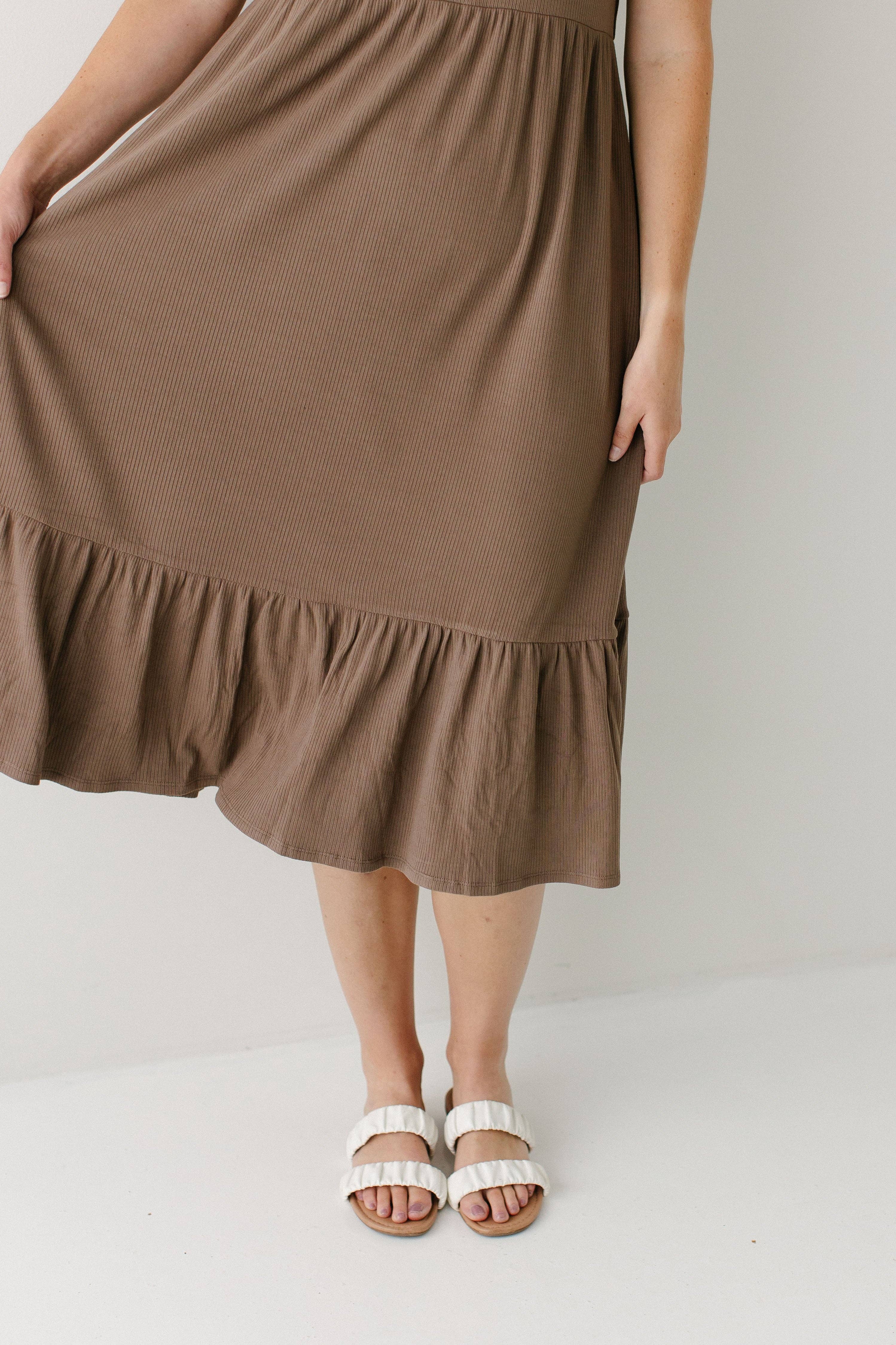 'Shiloh' Ribbed Tiered Midi Dress in Mocha FINAL SALE for wholesale on Faire2