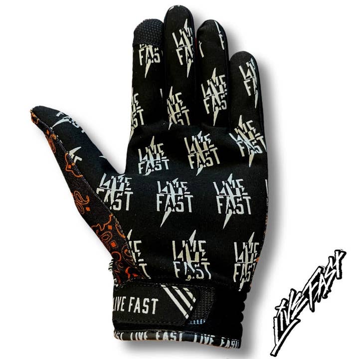 Live Fast Gear - Wholesale Gloves - Men's - Black & Orange Paisley Live Fast Mx & Bike Gloves1