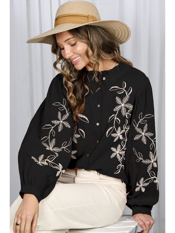 Vine & Love - Wholesale Blouse - Women's - Floral Embroidered Ruffle Neck Bohemian Blouse VT83000