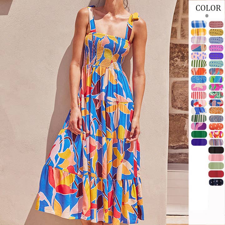 Robe maxi à imprimé floral, élégante, sans manches, coupe trapèze pour la vente par SALINA TRADING INC