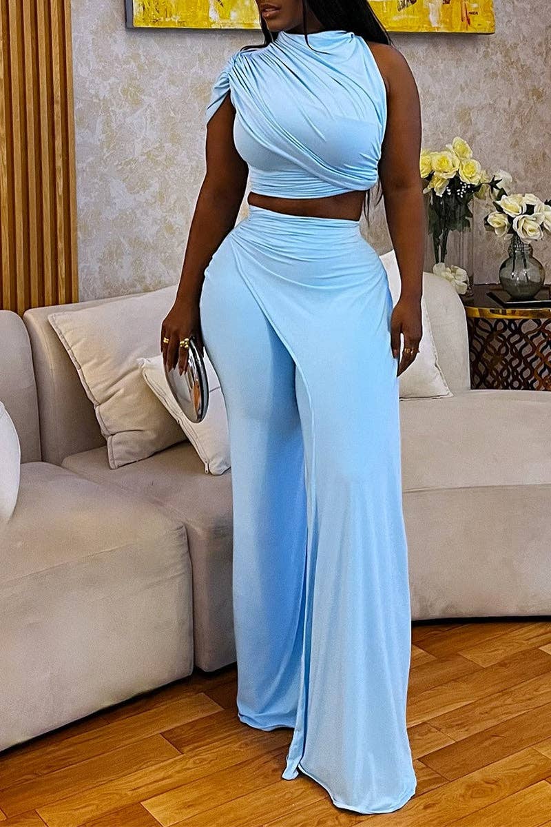 BLUE Draped Halter Top and Wide-Leg Pants Set for wholesale on Faire2