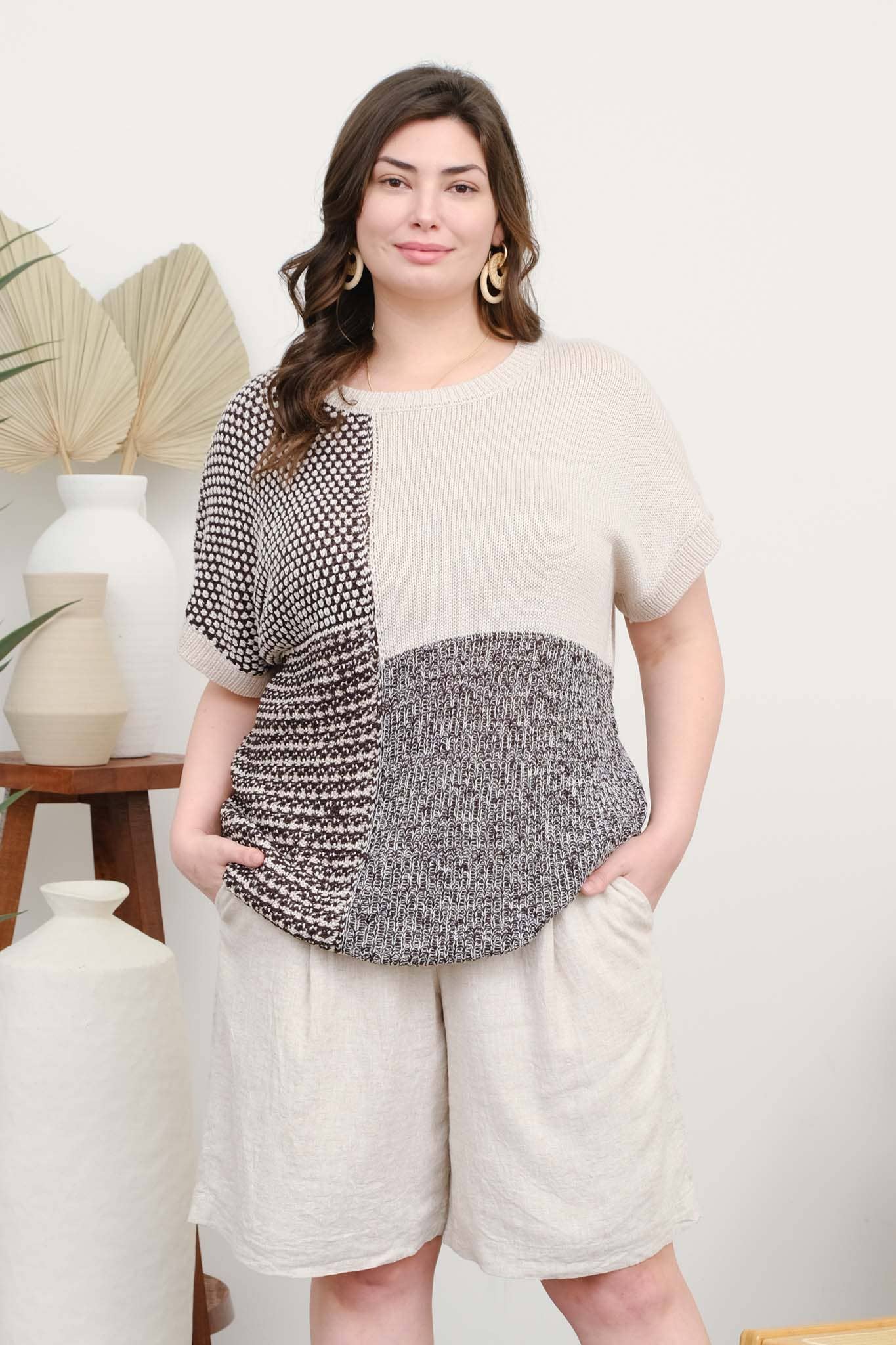 Blu Pepper - Wholesale Knit Sweater - Women's - PLUS MULTI PATTERN COLORBLOCK SHORT SLEEVE SWEATER