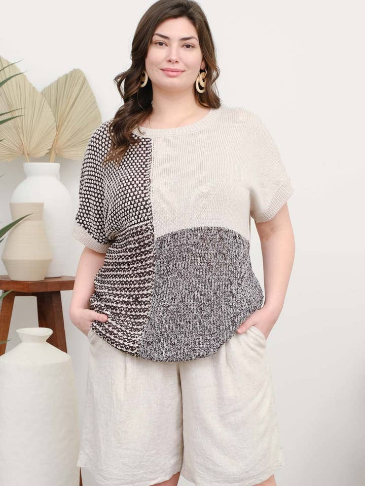 Blu Pepper - Wholesale Knit Sweater - Women's - PLUS MULTI PATTERN COLORBLOCK SHORT SLEEVE SWEATER