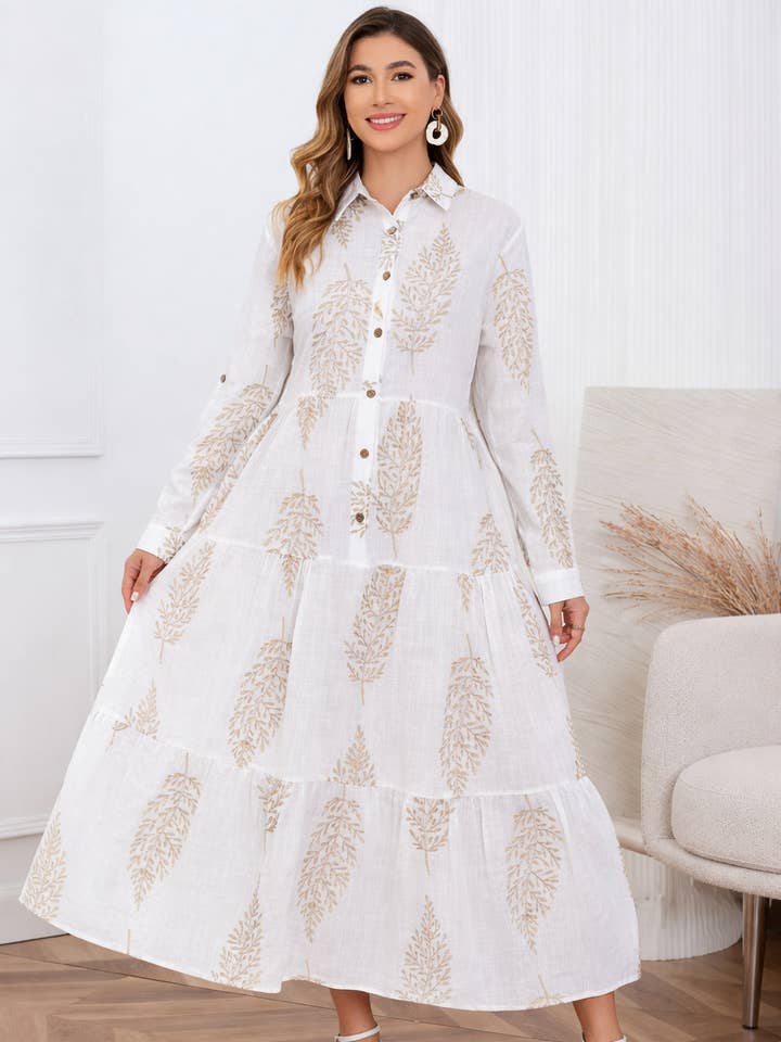 Linen Blend Feather Print Tiered Modest Dress for wholesale by Lucy Sparks