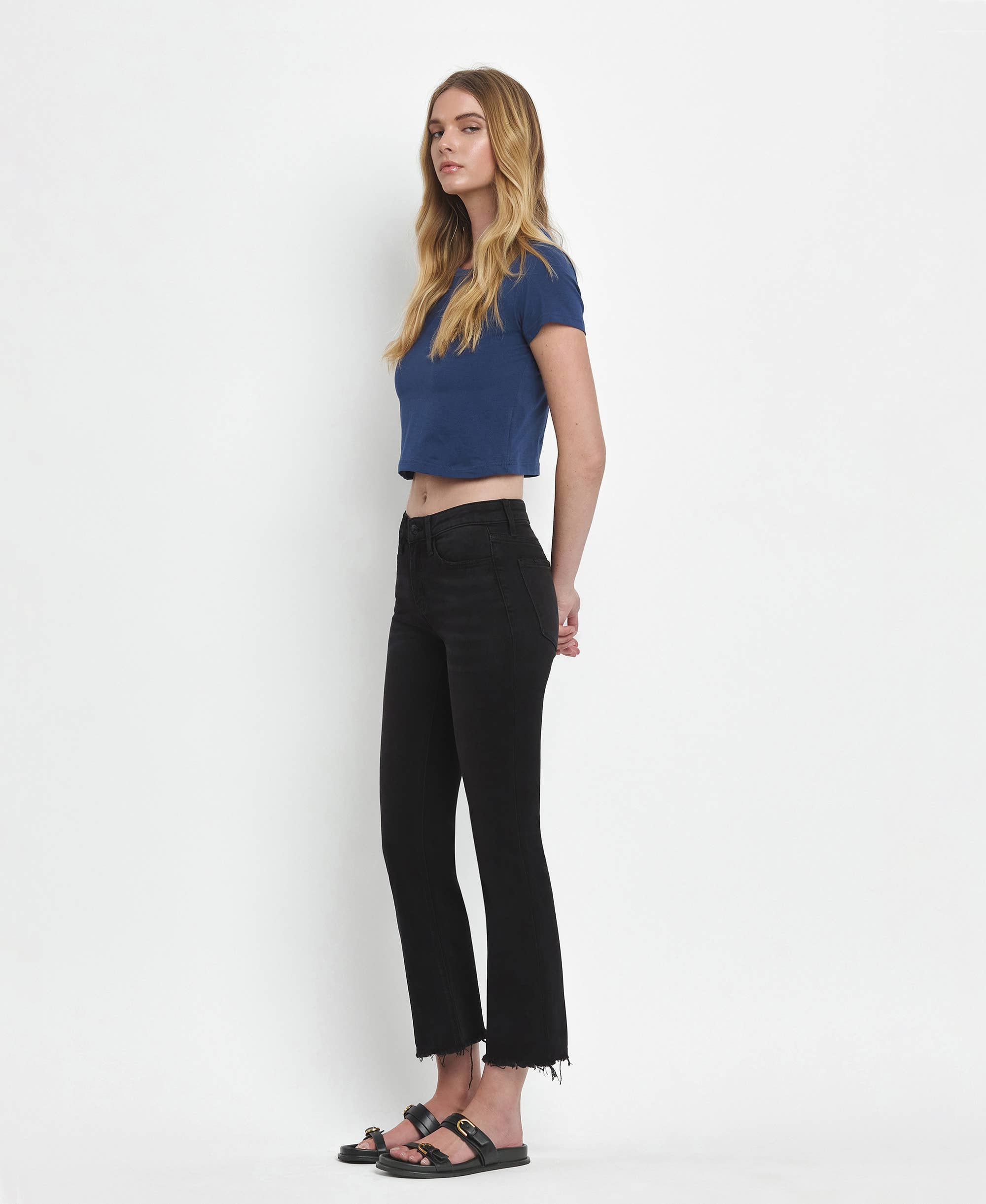GRANDEUR MID RISE RAW DISTRESSED HEM CROP FLARE JEANS LV1145 for wholesale on Faire11
