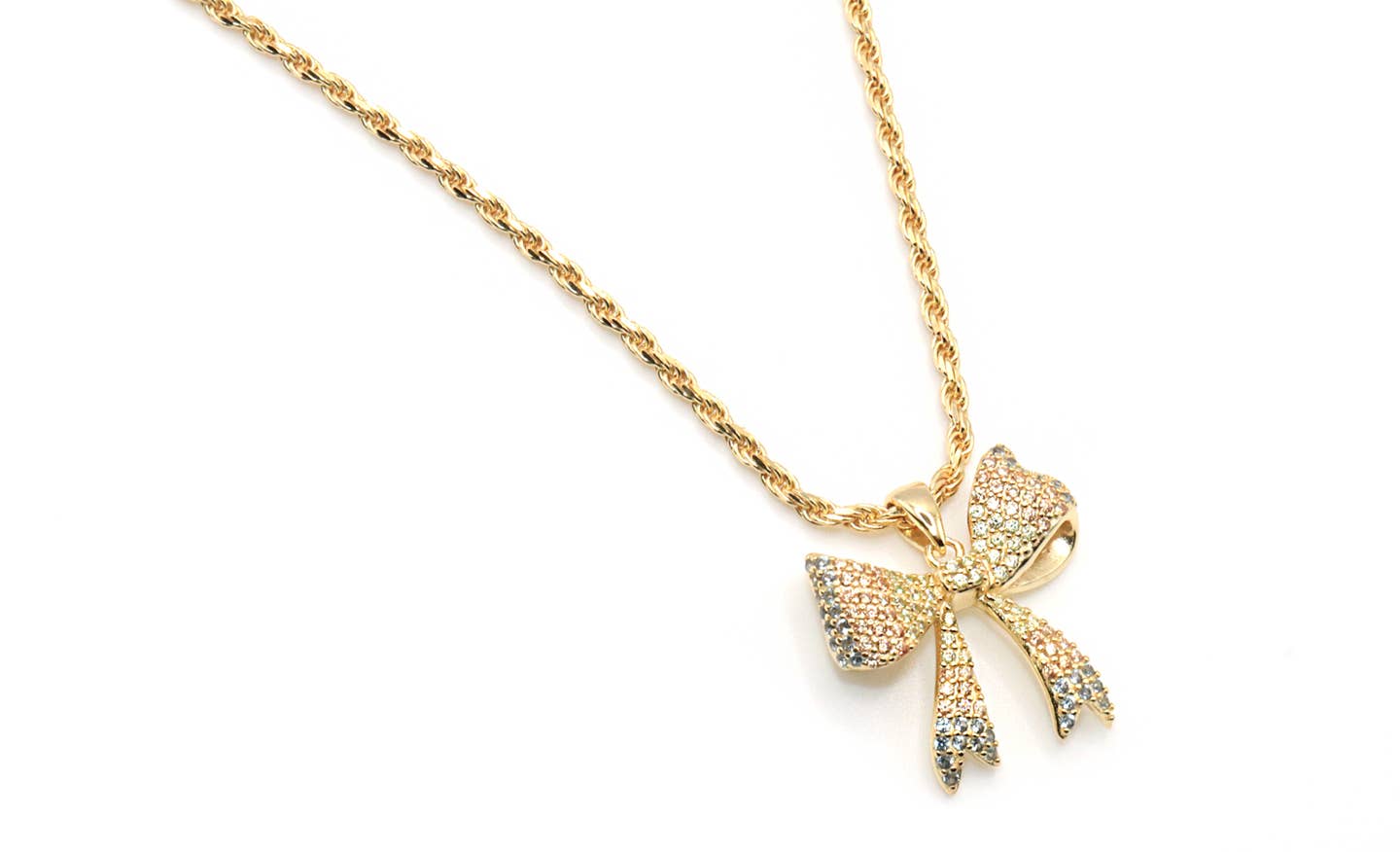 Jessica Santander - Wholesale Pendant/Charm Necklace - Dainty Gold Necklace with Bow Pendant in Colorful Zirconia