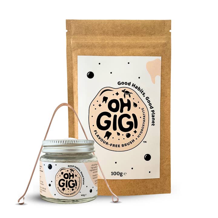 Ultimatives organisches Zahnputzpulver 'Geschmacksfreie Bürste' + Hydroxylapatit-Glas und Nachfüllpackung mit einem reinen Kupfer-Zungenschaber-Oral-Detox-Kit für den Großhandel von OHGIGI®️