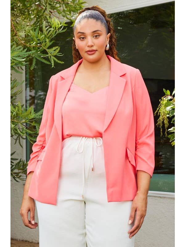 SKIES ARE BLUE - Wholesale Blazer - Women's - Plus Size Recycled Poly Shirred Sleeve Blazer
2