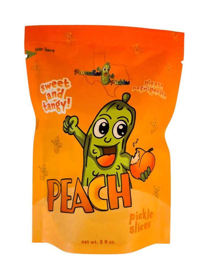 25 Peach Pickle Snacks! for wholesale by Paradise Pickles LLC