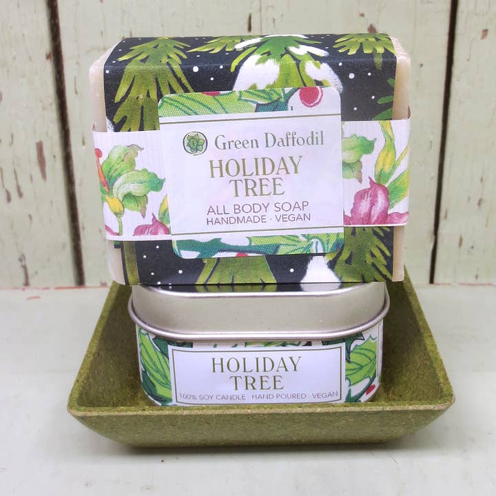 Green Daffodil Bath & Body - Wholesale Gift Bag Set/Pack - Holiday Tree Candle & Soap Dish Kit - Christmas Gift Set1