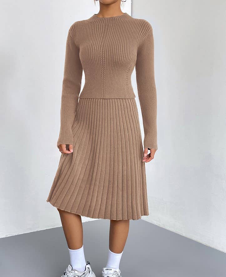 HIDDENBRAND - Wholesale Top & Skirt Set - Women's - Knitted Sweater Pleated Skirt Two-Piece Set5
