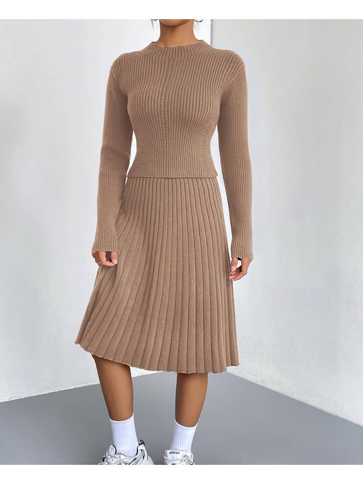 HIDDENBRAND - Wholesale Top & Skirt Set - Women's - Knitted Sweater Pleated Skirt Two-Piece Set5
